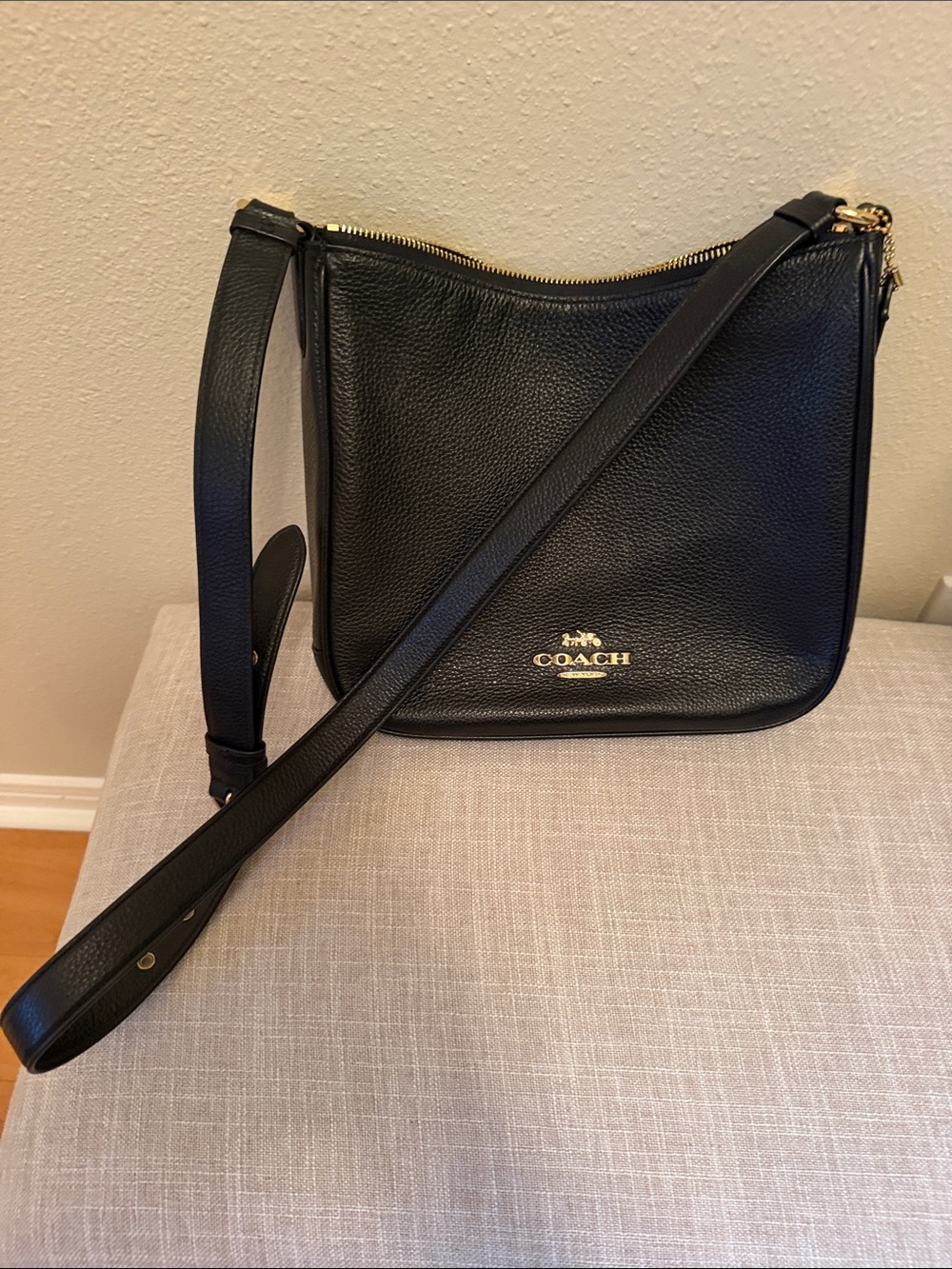 Coach Black Pebbled Leather Crossbody with Gold Accent